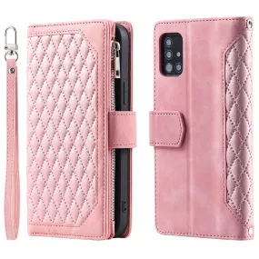 005 Style Rhombus Texture Phone Case for Samsung Galaxy A71 4G SM-A715, Zipper Pocket Leather Stand Wallet Cover with Wrist Strap