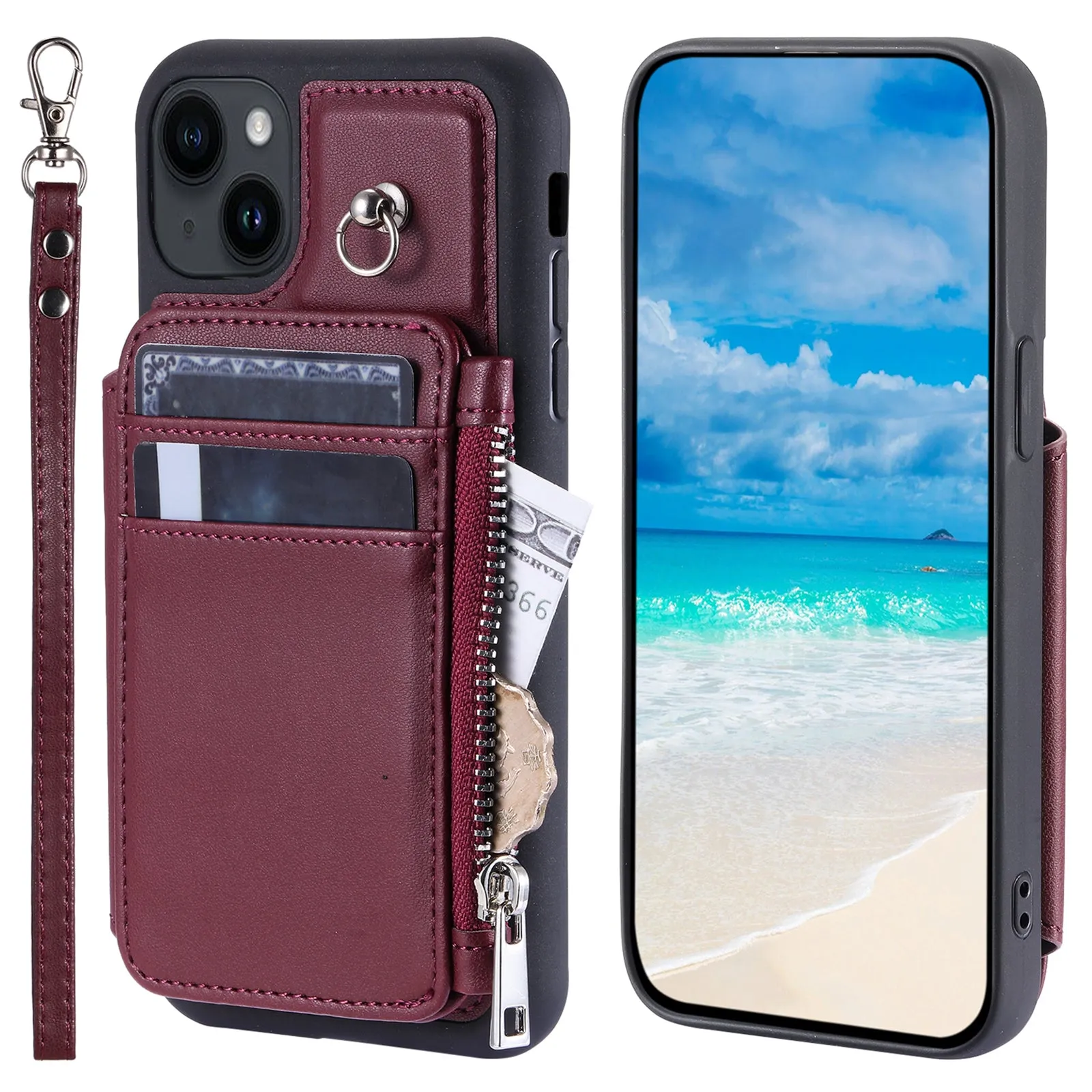 009 Anti-Scratch Phone Case for iPhone 15 , Wallet RFID Blocking PU TPU Cover Kickstand Zipper Shell with Strap