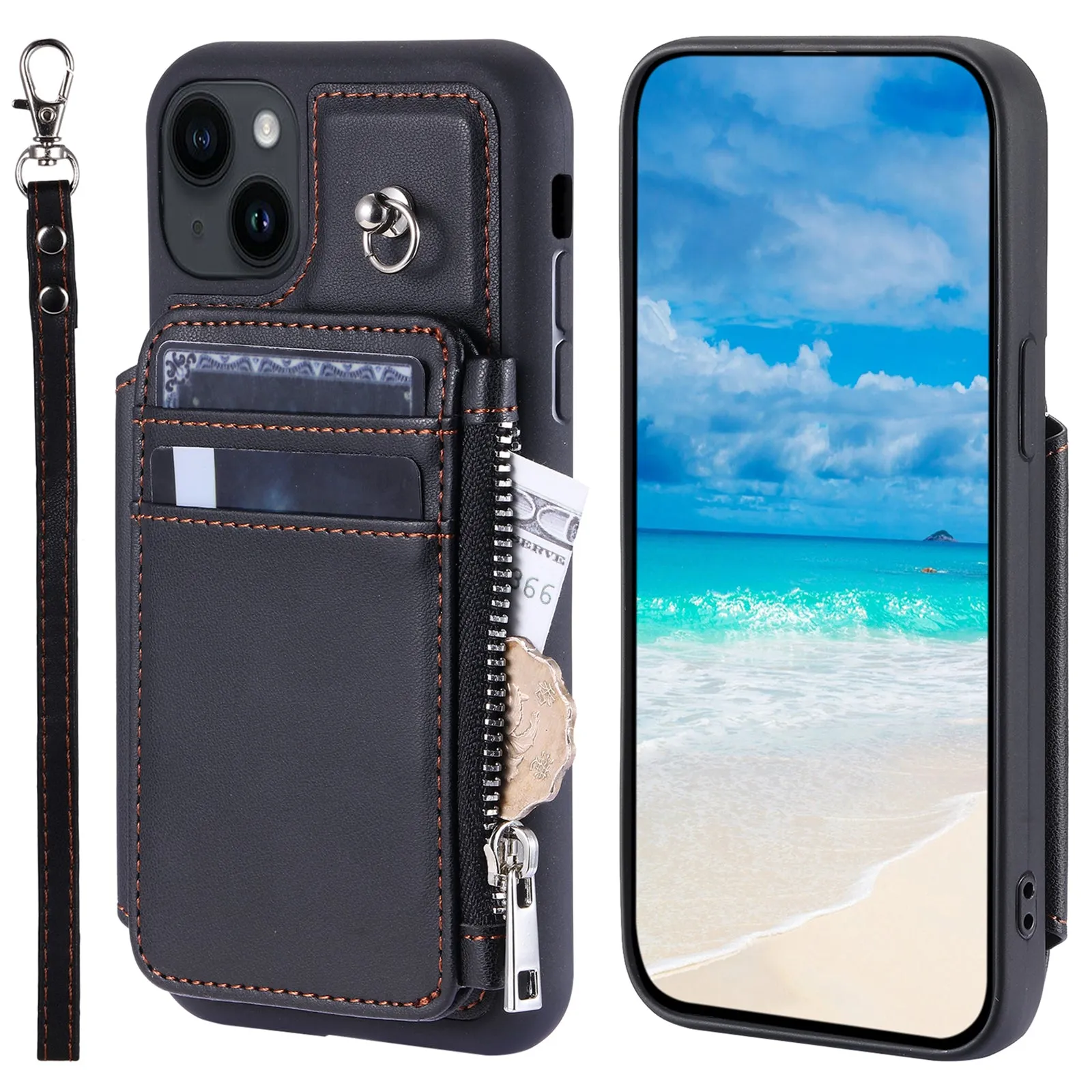 009 Anti-Scratch Phone Case for iPhone 15 , Wallet RFID Blocking PU TPU Cover Kickstand Zipper Shell with Strap