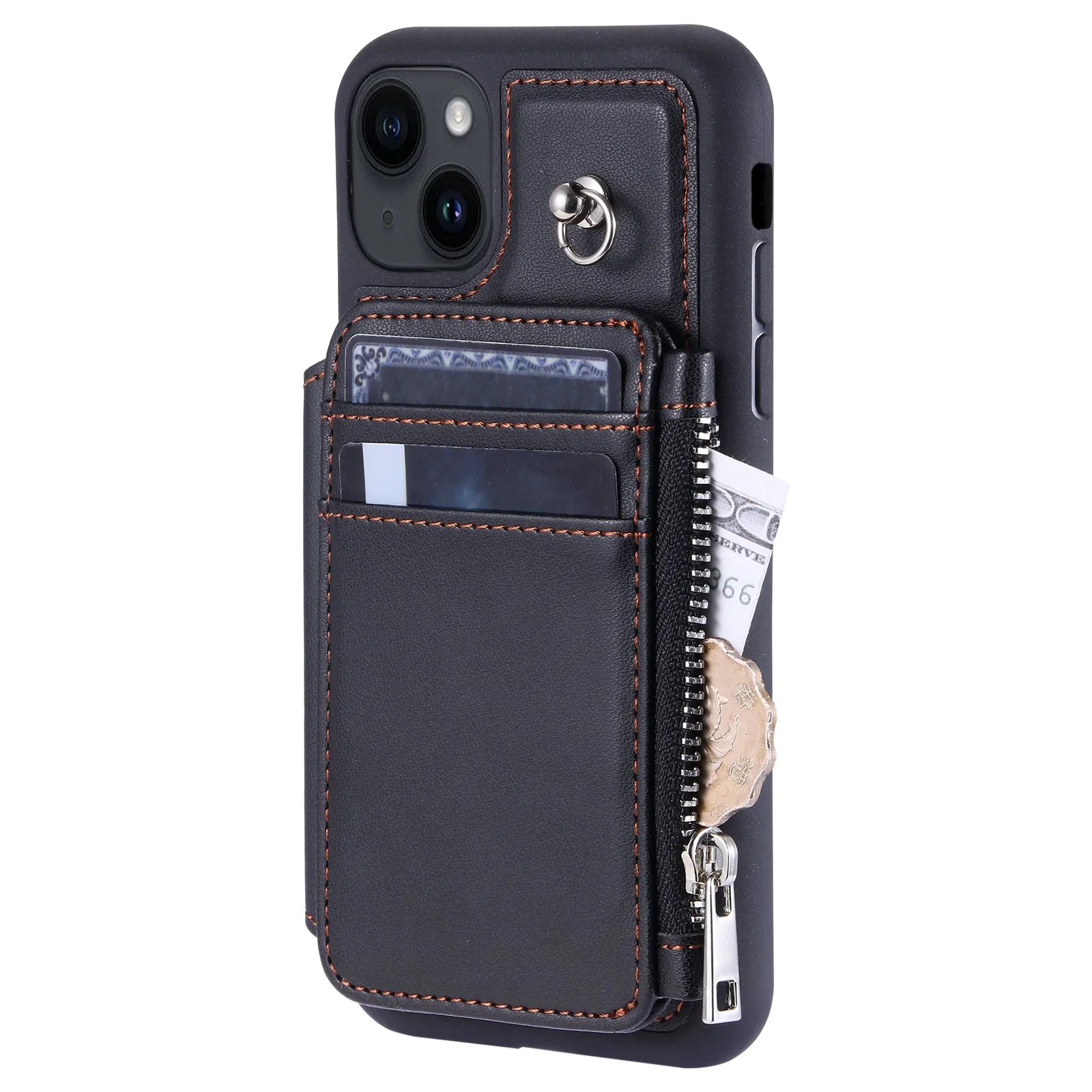 009 Anti-Scratch Phone Case for iPhone 15 , Wallet RFID Blocking PU TPU Cover Kickstand Zipper Shell with Strap