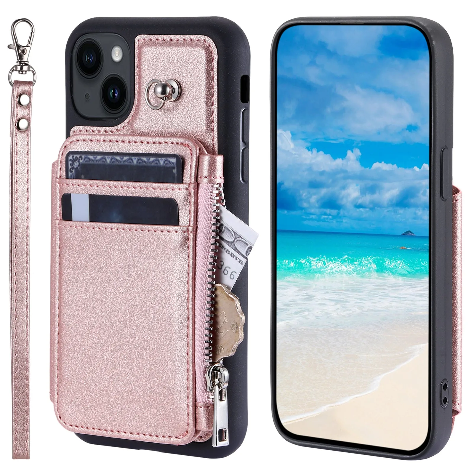 009 Anti-Scratch Phone Case for iPhone 15 , Wallet RFID Blocking PU TPU Cover Kickstand Zipper Shell with Strap