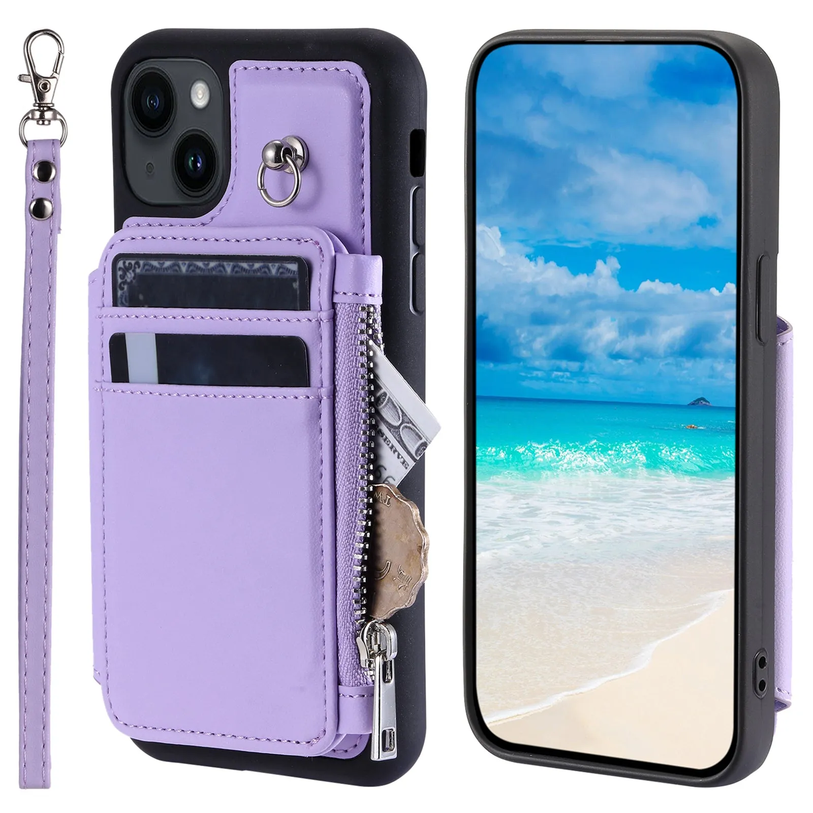 009 Anti-Scratch Phone Case for iPhone 15 , Wallet RFID Blocking PU TPU Cover Kickstand Zipper Shell with Strap