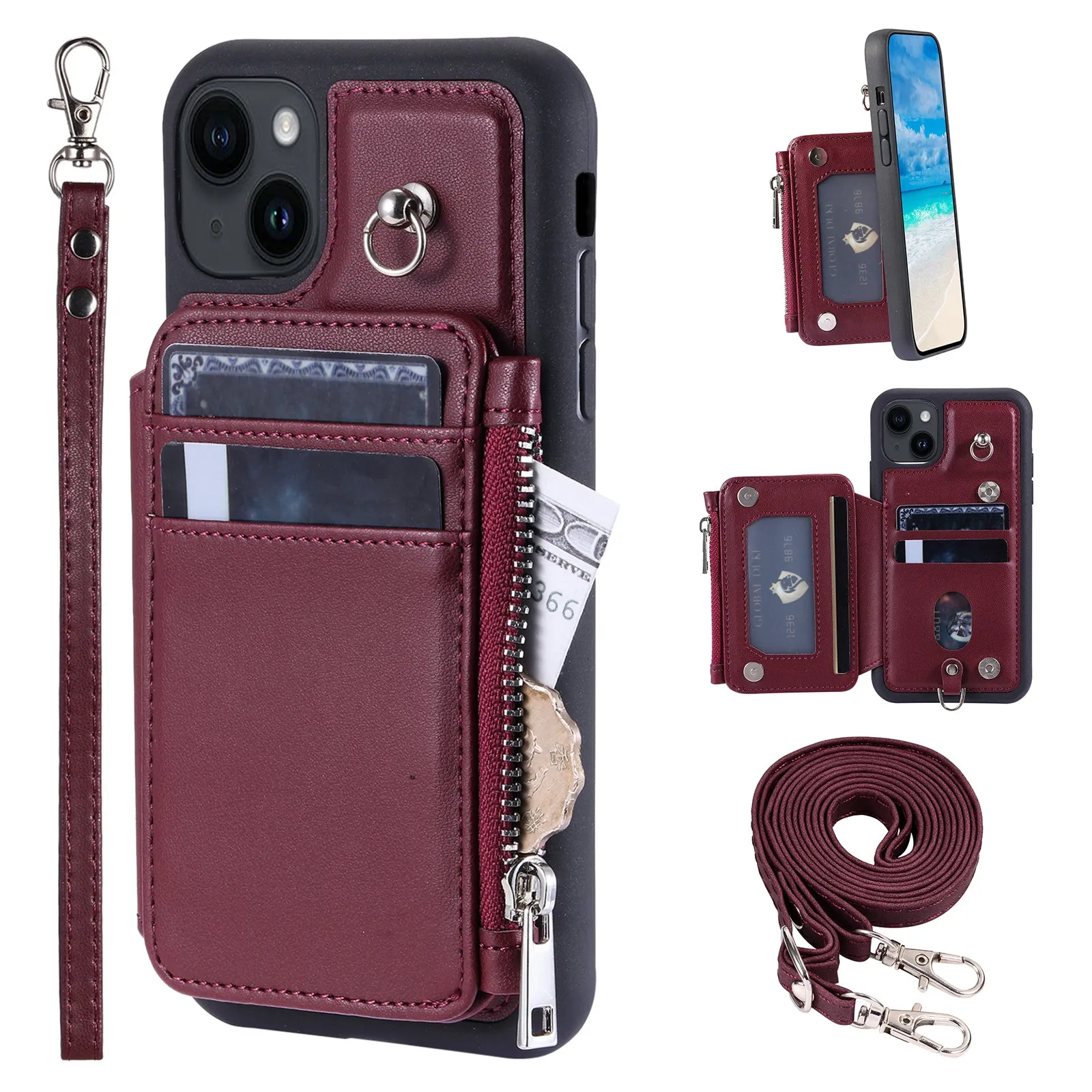 009 For iPhone 15 Kickstand Phone Cover RFID Blocking PU TPU Zipper Wallet Phone Case with Straps