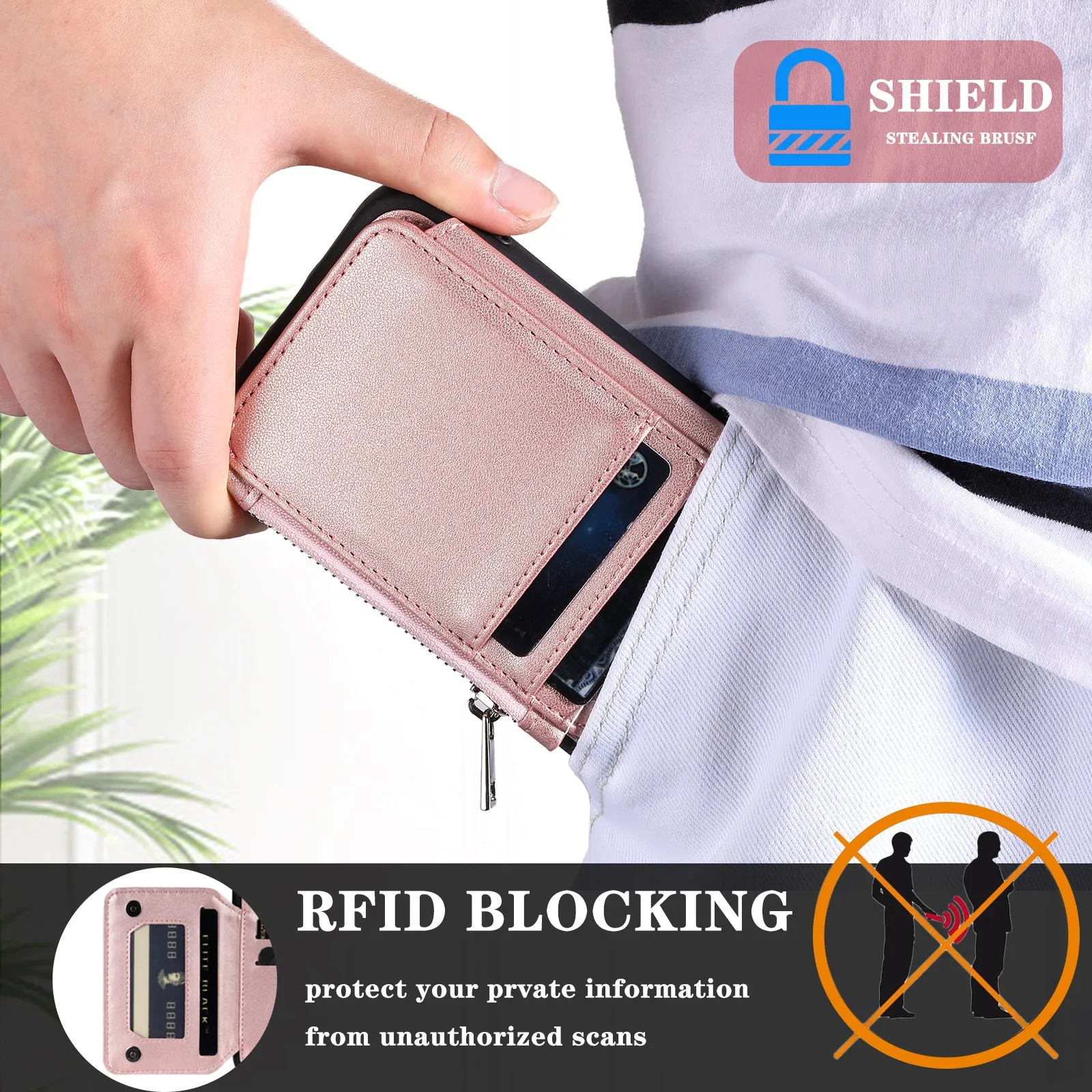 009 For Samsung Galaxy S23 PU Leather Coated TPU Zipper Phone Case Wallet Kickstand RFID Blocking Cover with Straps