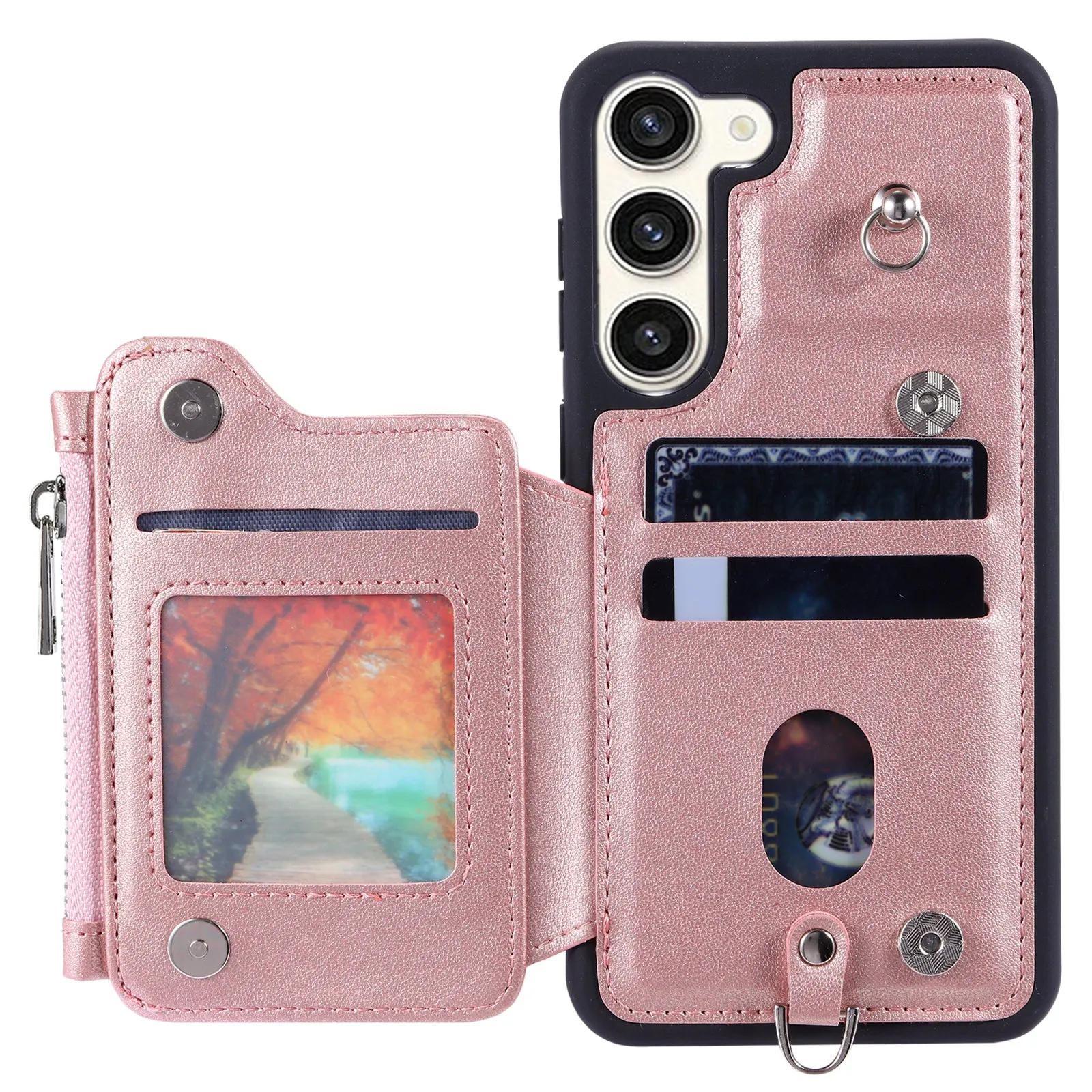 009 For Samsung Galaxy S23 PU Leather Coated TPU Zipper Phone Case Wallet Kickstand RFID Blocking Cover with Straps
