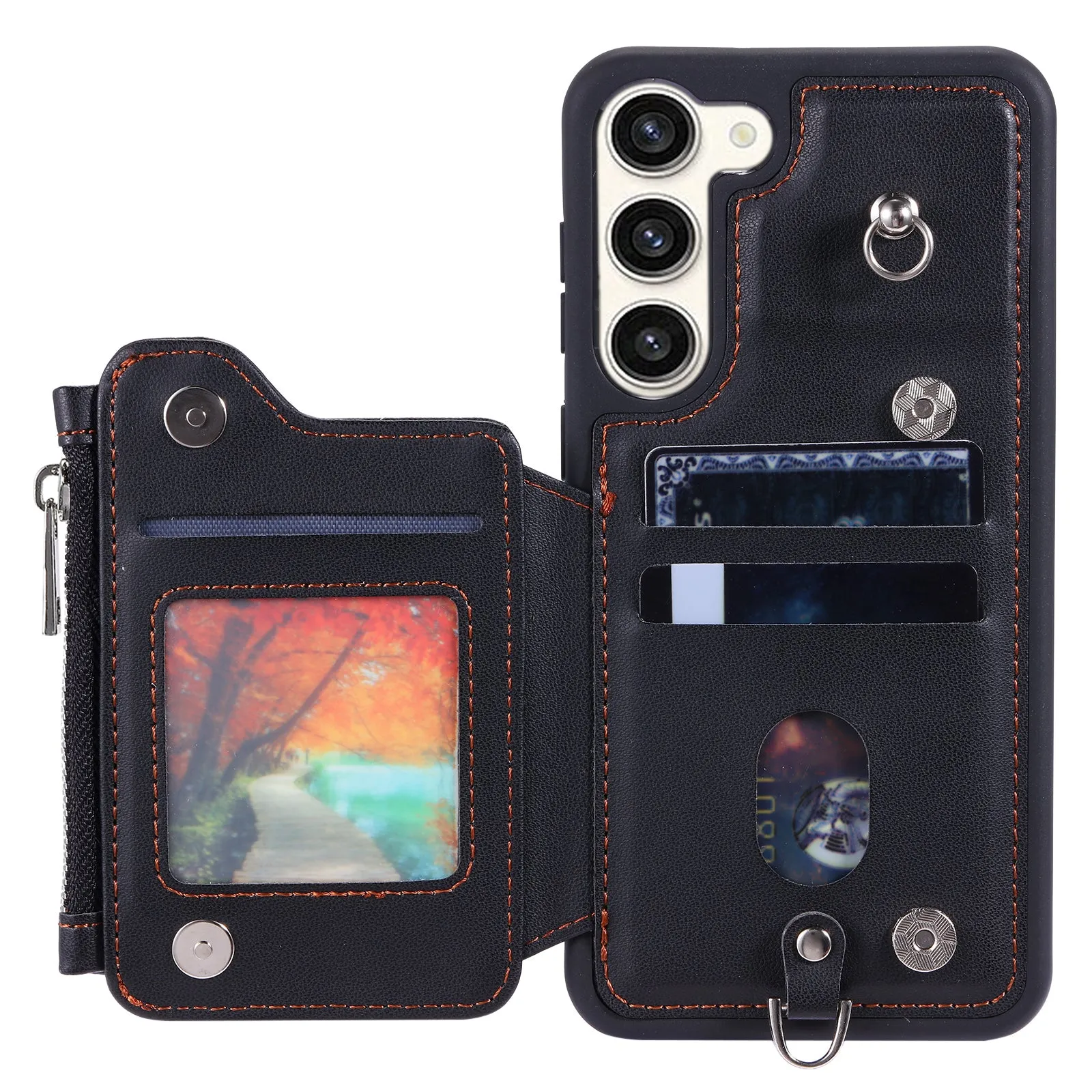 009 For Samsung Galaxy S23 PU Leather Coated TPU Zipper Phone Case Wallet Kickstand RFID Blocking Cover with Straps