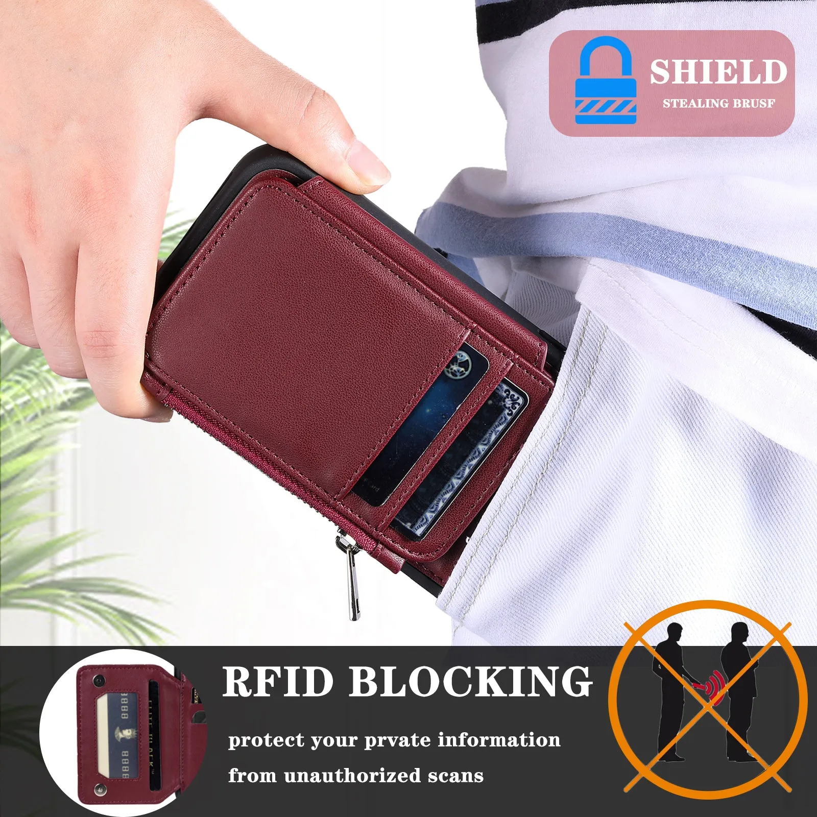 009 For Samsung Galaxy S23 PU Leather Coated TPU Zipper Phone Case Wallet Kickstand RFID Blocking Cover with Straps