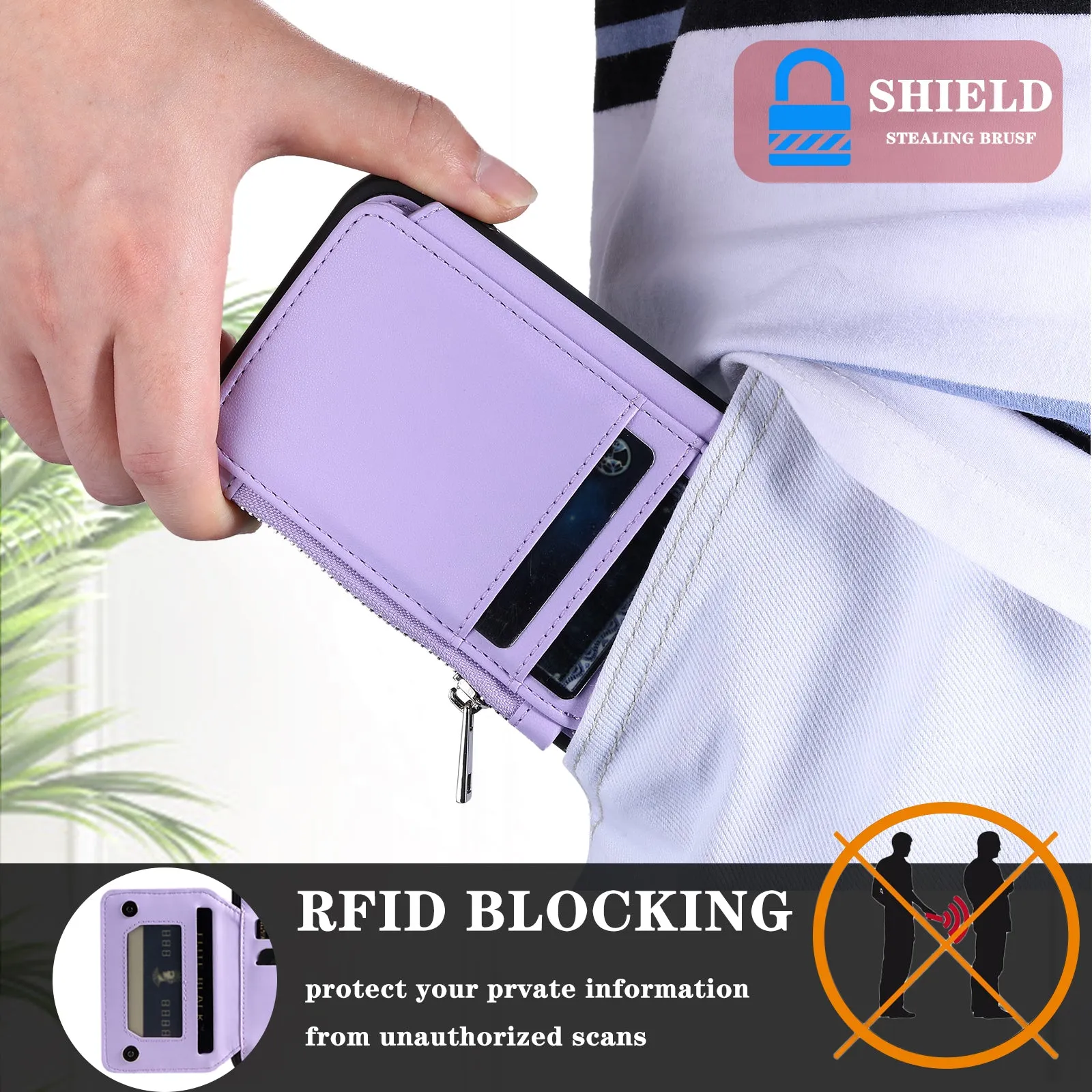 009 For Samsung Galaxy S23 PU Leather Coated TPU Zipper Phone Case Wallet Kickstand RFID Blocking Cover with Straps