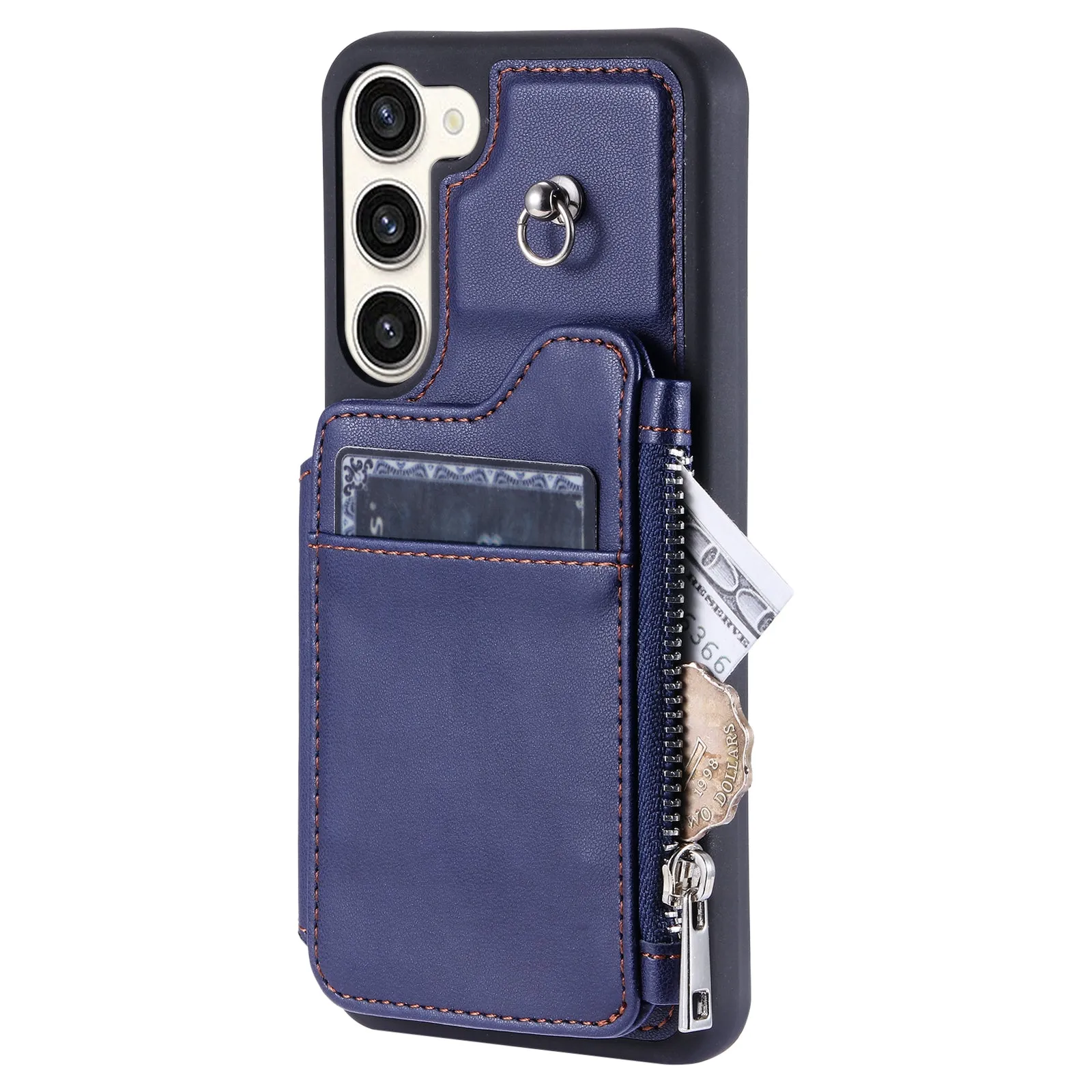 009 For Samsung Galaxy S23 PU Leather Coated TPU Zipper Phone Case Wallet Kickstand RFID Blocking Cover with Straps