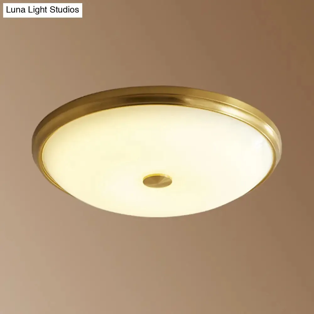 12.5"/16" Diameter Antiqued Gold LED Flush Mount Ceiling Light - Simplicity White Glass Bowl - Bedroom Lighting