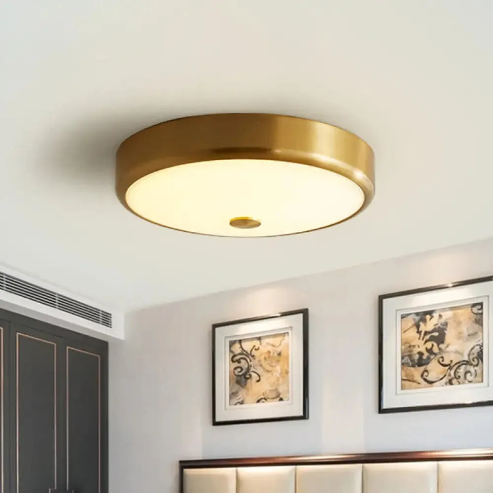 12.5"/16" Diameter Antiqued Gold LED Flush Mount Ceiling Light - Simplicity White Glass Bowl - Bedroom Lighting