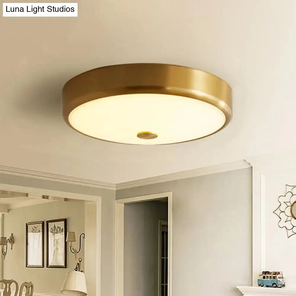 12.5"/16" Diameter Antiqued Gold LED Flush Mount Ceiling Light - Simplicity White Glass Bowl - Bedroom Lighting