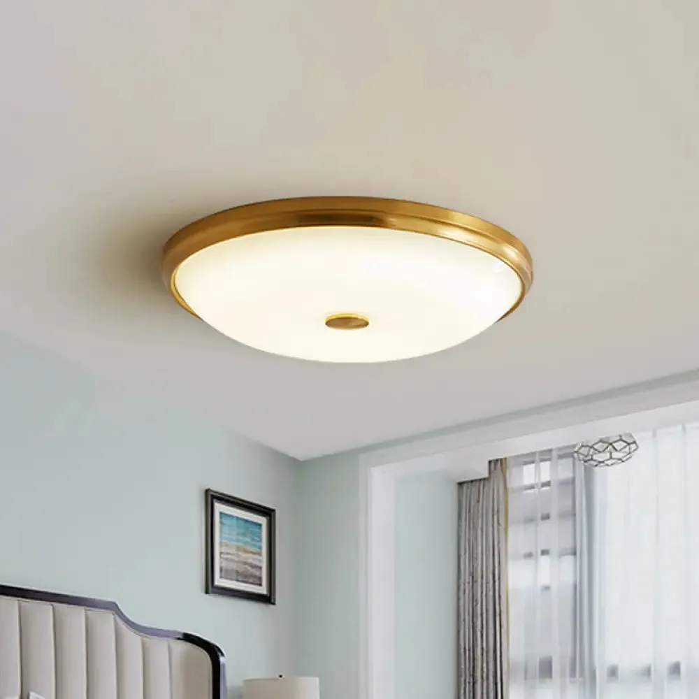 12.5"/16" Diameter Antiqued Gold LED Flush Mount Ceiling Light - Simplicity White Glass Bowl - Bedroom Lighting