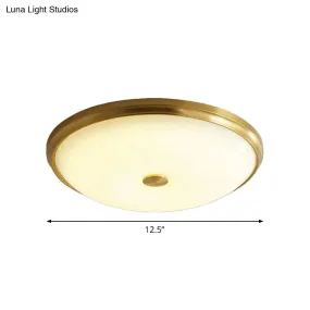 12.5"/16" Diameter Antiqued Gold LED Flush Mount Ceiling Light - Simplicity White Glass Bowl - Bedroom Lighting