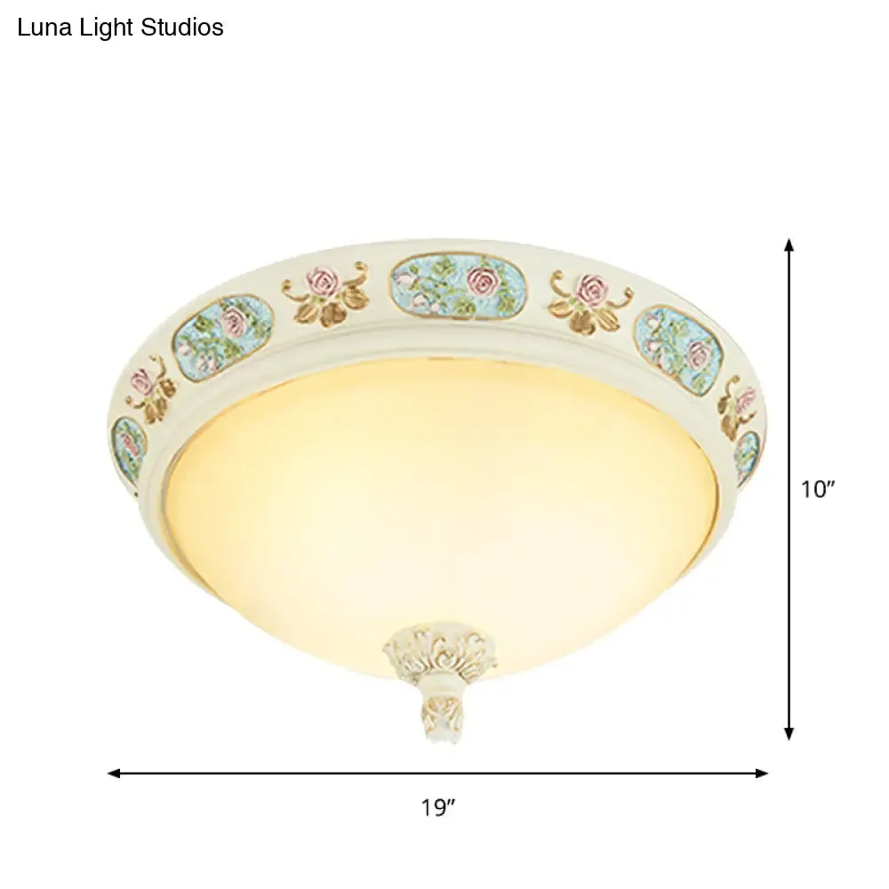 2/3-Head Flush Mount Opaline Glass Dome Ceiling Light with Flower Decor in Blue and White, 14"/19" Wide