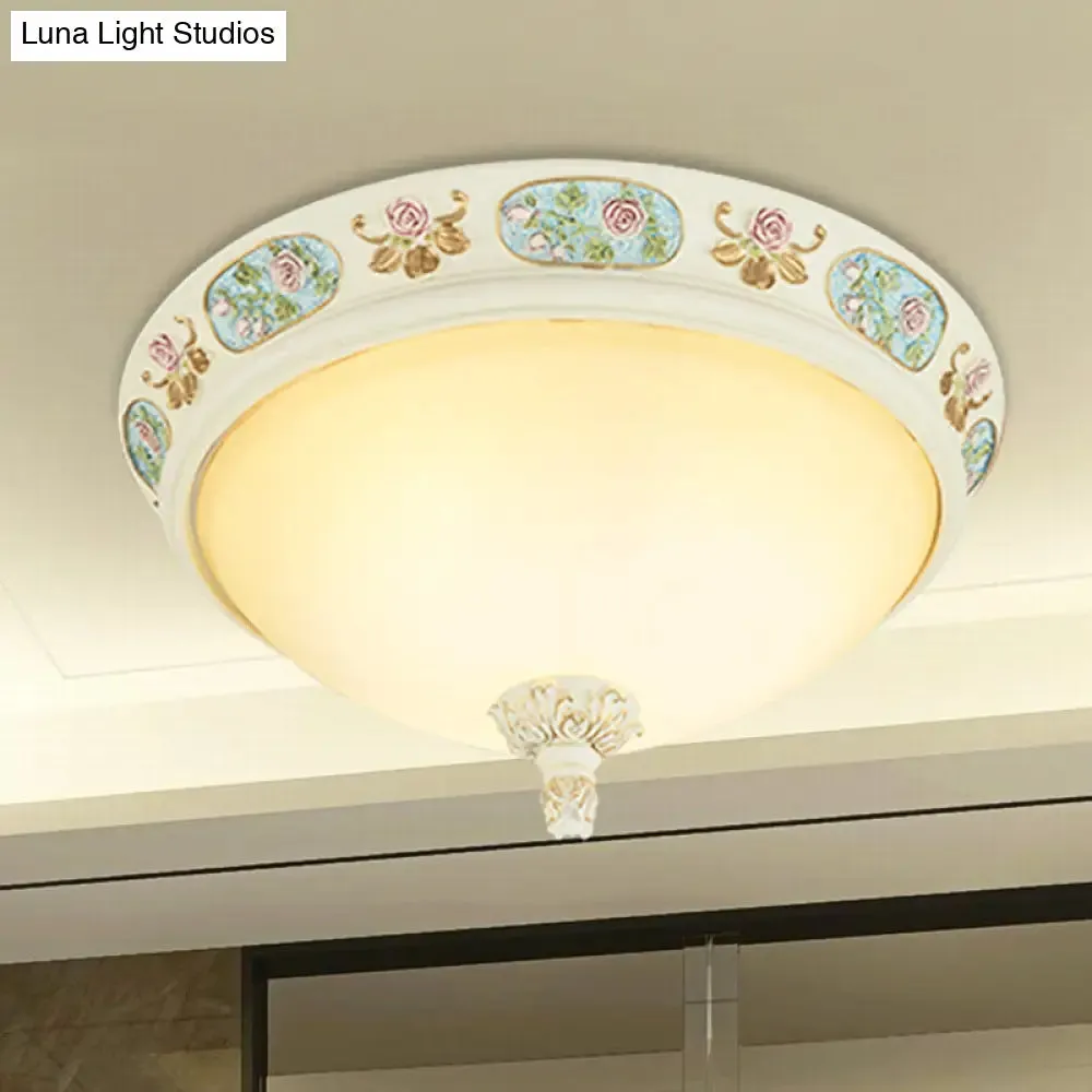 2/3-Head Flush Mount Opaline Glass Dome Ceiling Light with Flower Decor in Blue and White, 14"/19" Wide