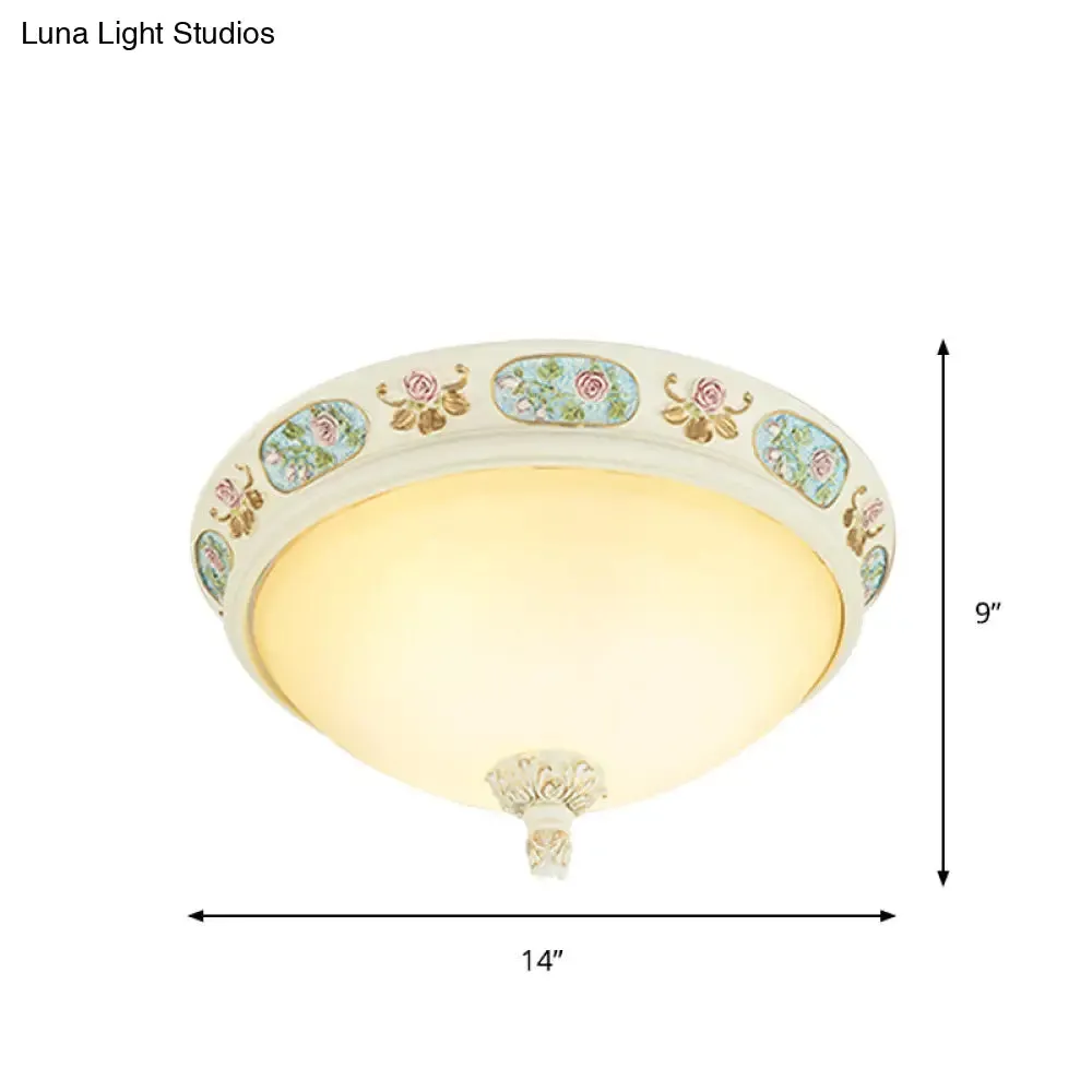 2/3-Head Flush Mount Opaline Glass Dome Ceiling Light with Flower Decor in Blue and White, 14"/19" Wide