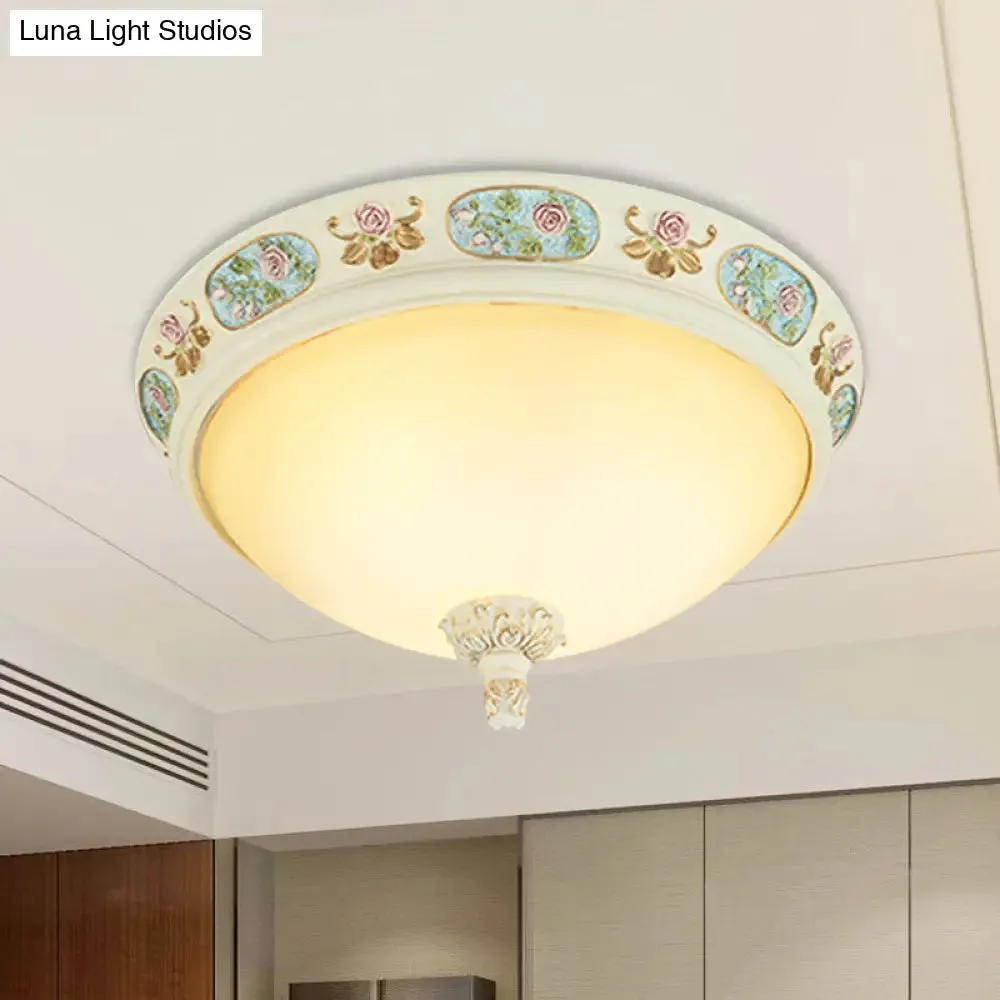 2/3-Head Flush Mount Opaline Glass Dome Ceiling Light with Flower Decor in Blue and White, 14"/19" Wide
