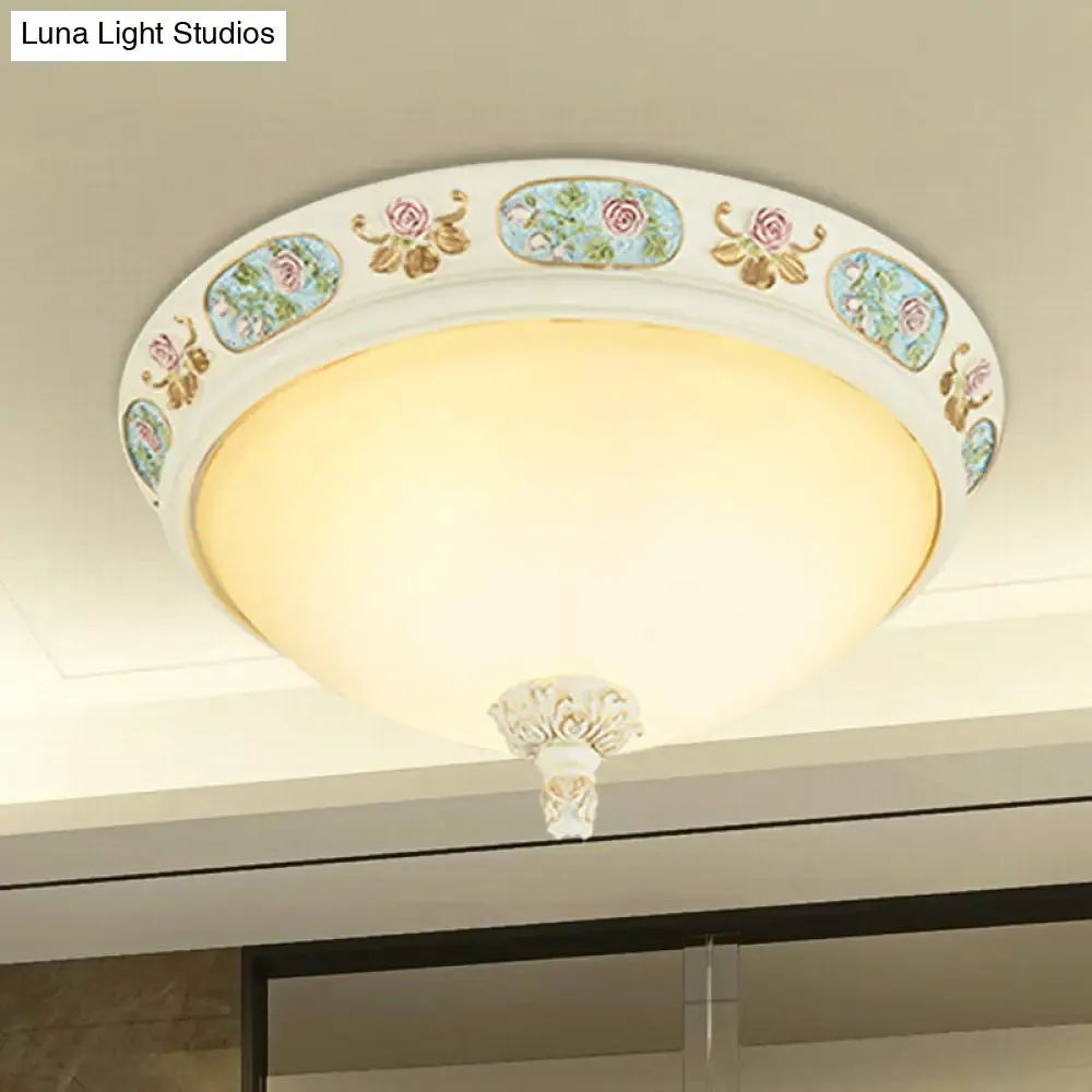 2/3-Head Flush Mount Opaline Glass Dome Ceiling Light with Flower Decor in Blue and White, 14"/19" Wide