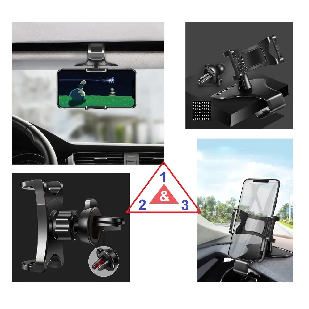 3 in 1 Car GPS Smartphone Holder: Dashboard / Visor Clamp   AC Grid Clip for Assistant AS-601L Pro (2019) - Black