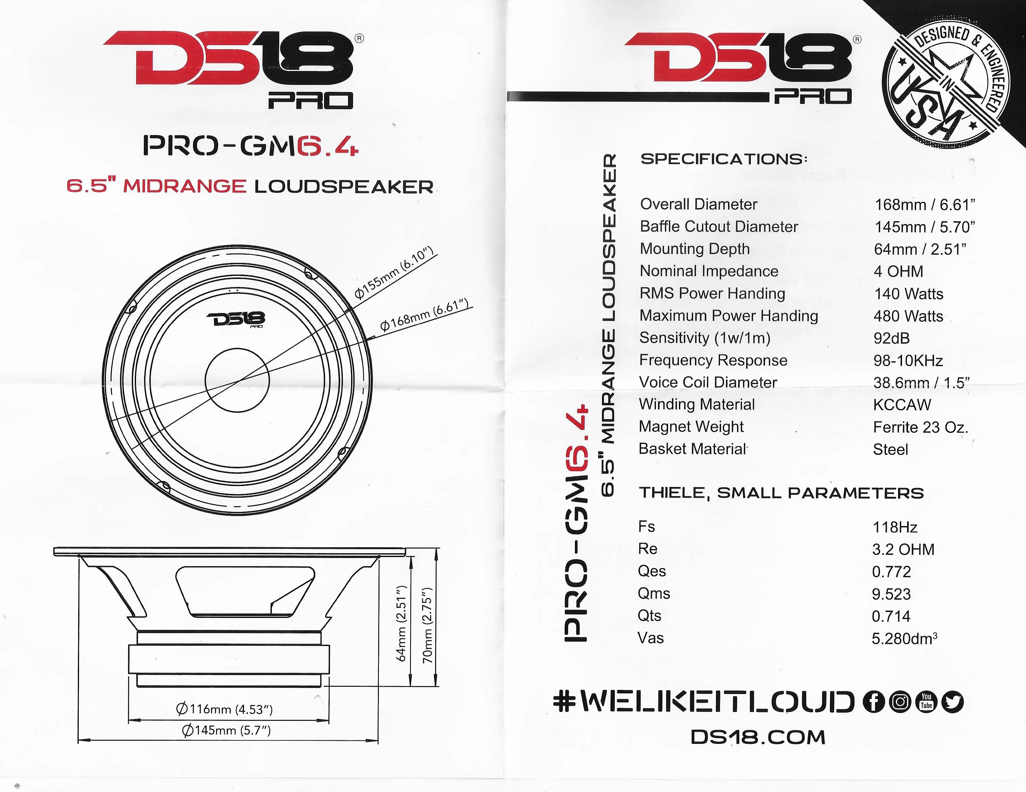 4 Pack DS18 PRO-GM6.4 6.5" Midrange Speakers 4 Ohm 1920W Max Mid Range Car Audio