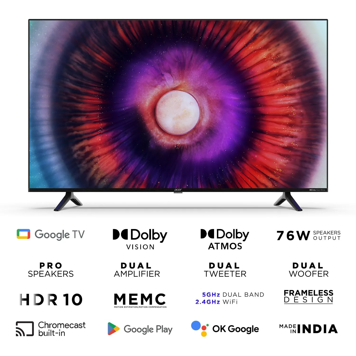 Acer 109 cm (43 inches) H PRO Series 4K Ultra HD Smart LED Google TV AR43GR2851UDPRO (Black)