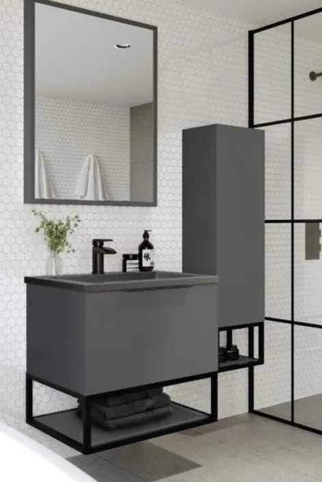 Ambience 600mm Wall Hung LED Vanity Unit And Basin Matt Grey, Grey or White Basin and Optional Frame