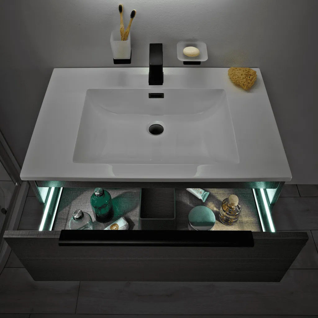 Ambience 600mm Wall Hung LED Vanity Unit And Basin Rustic Oak, Grey or White Basin and Optional Frame