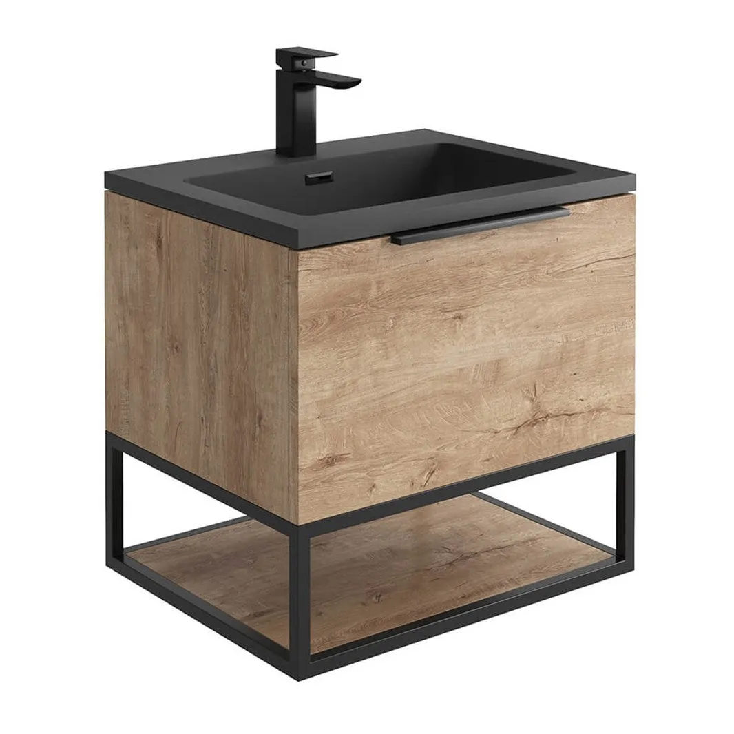 Ambience 600mm Wall Hung LED Vanity Unit And Basin Rustic Oak, Grey or White Basin and Optional Frame