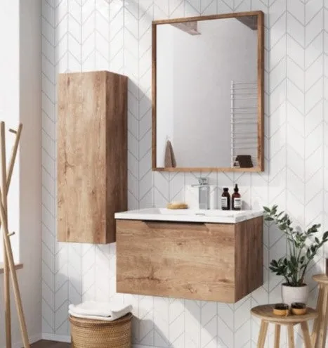 Ambience 600mm Wall Hung LED Vanity Unit And Basin Rustic Oak, Grey or White Basin and Optional Frame