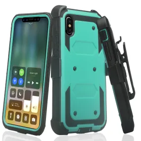 Apple iPhone X | iPhone Ten Case,  Triple Protection 3-1 w/ Built in Screen Protector Heavy Duty Holster Shell Combo Case - Teal