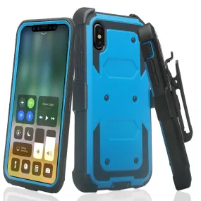 Apple iPhone XS Max Case, Apple A1921 Case,  Triple Protection 3-1 w/ Built in Screen Protector Heavy Duty Holster Shell Combo Case - Blue