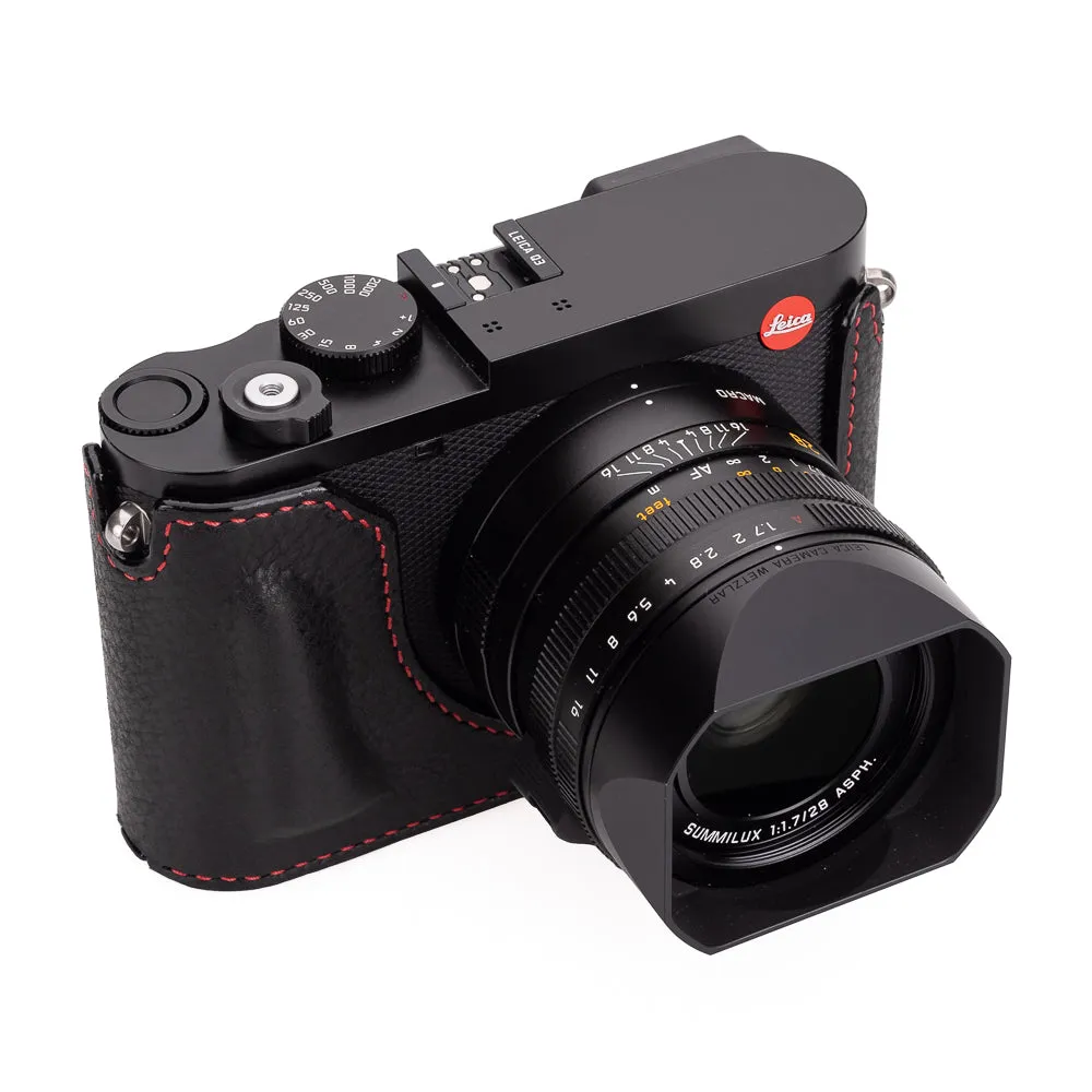 Arte di Mano Leica Q3 Half Case (Type 1-SD, Screw Secured) - Rally Black with Red Stitching