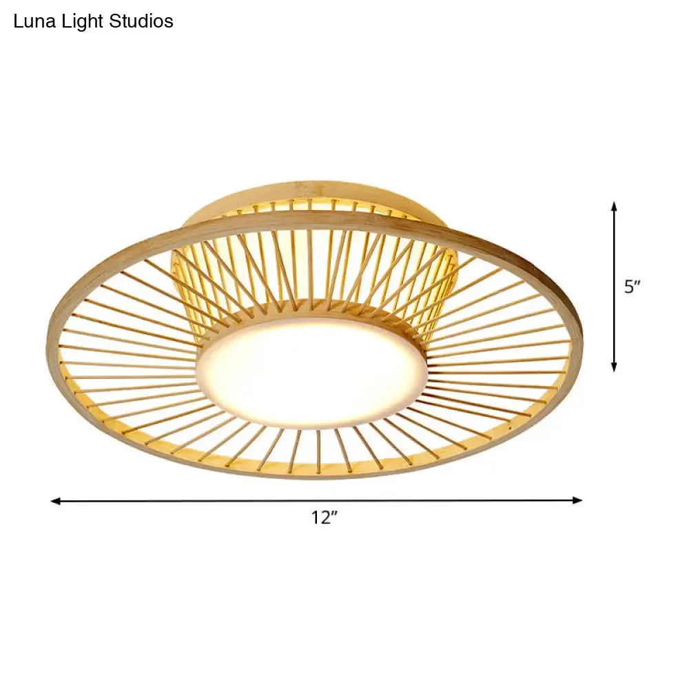Bamboo Shade Chinese Ceiling Mount Beige Circular Lighting for Close to Ceiling Décor