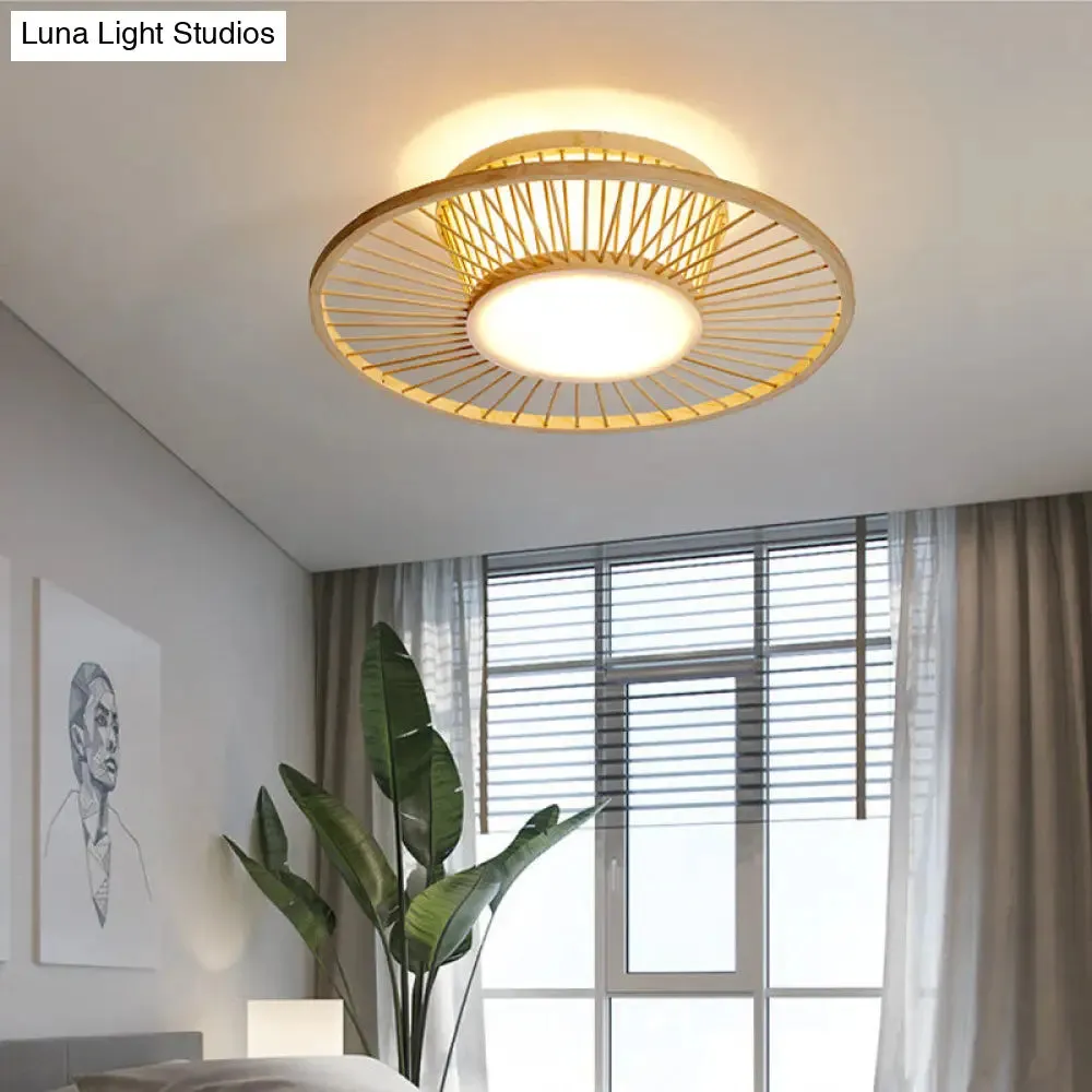 Bamboo Shade Chinese Ceiling Mount Beige Circular Lighting for Close to Ceiling Décor