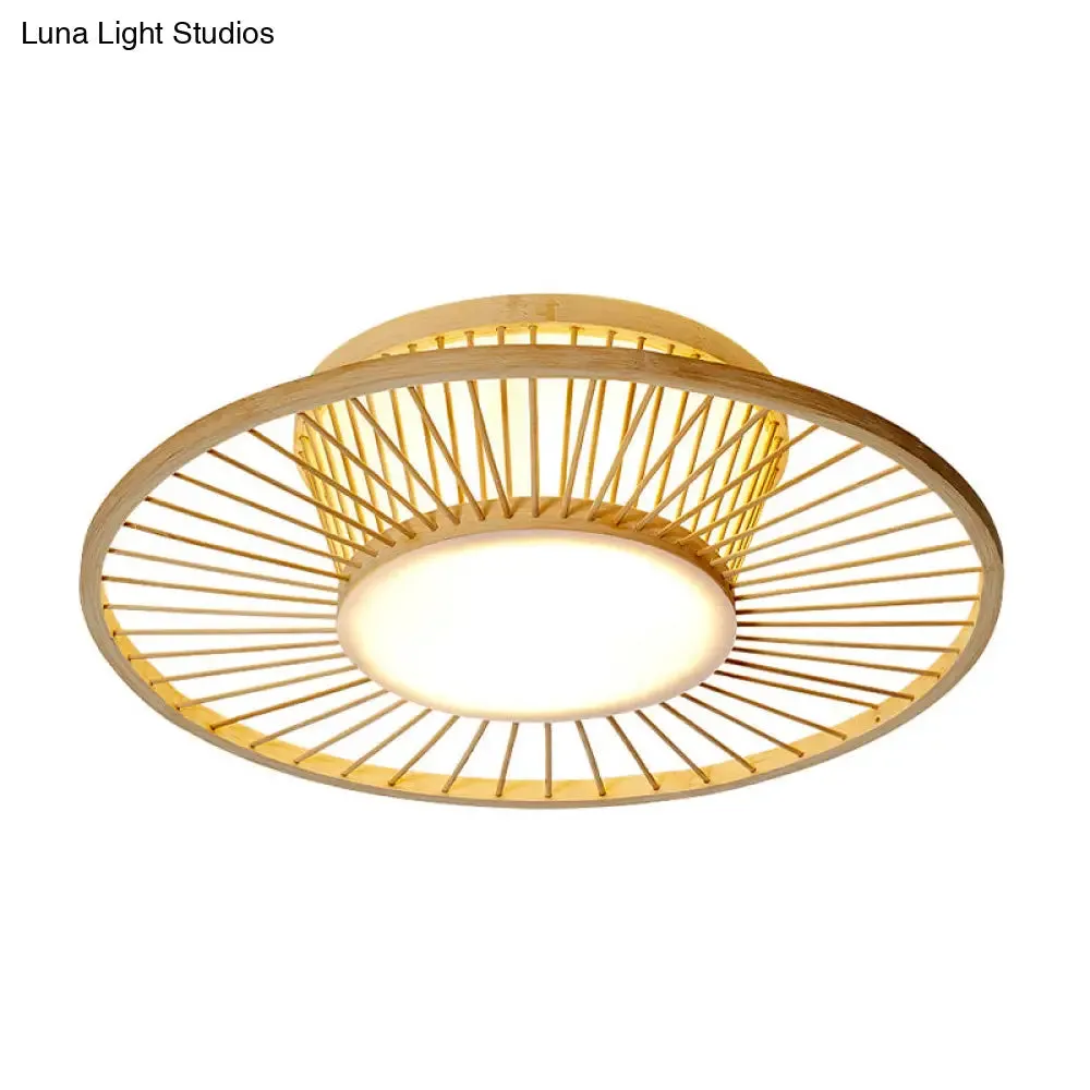 Bamboo Shade Chinese Ceiling Mount Beige Circular Lighting for Close to Ceiling Décor
