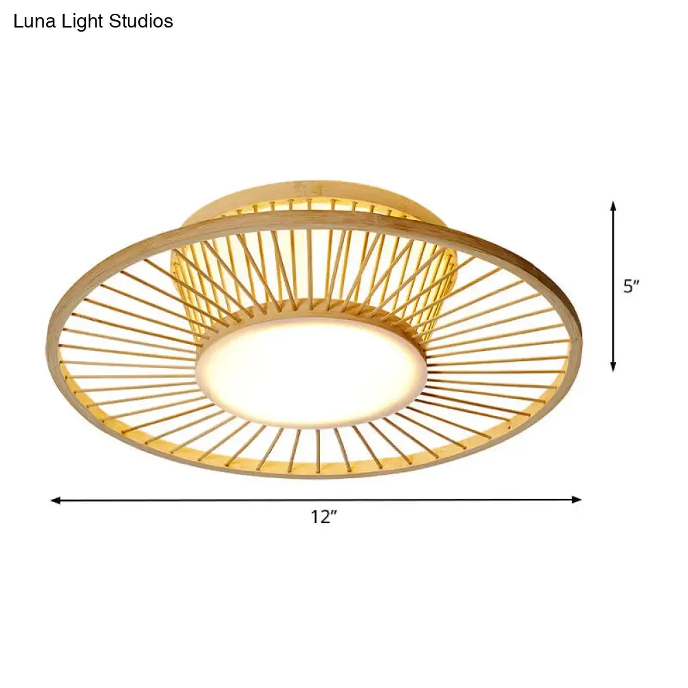 Bamboo Shade Chinese Ceiling Mount Beige Circular Lighting for Close to Ceiling Décor