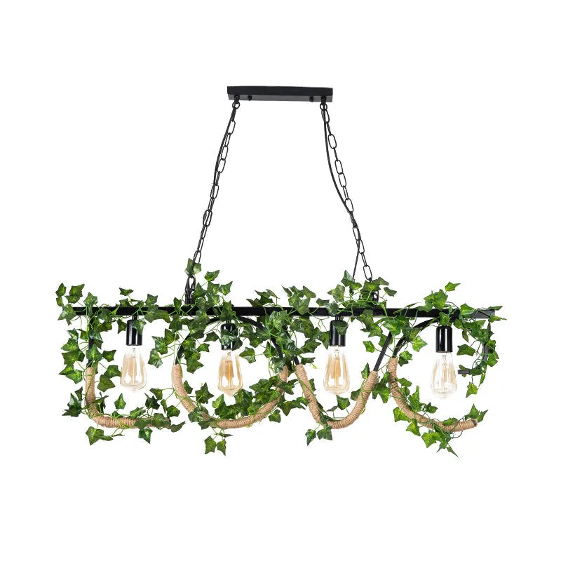 Black Metal 4-Light Linear Island Lamp with Hanging Artificial Plant - Lodge Style