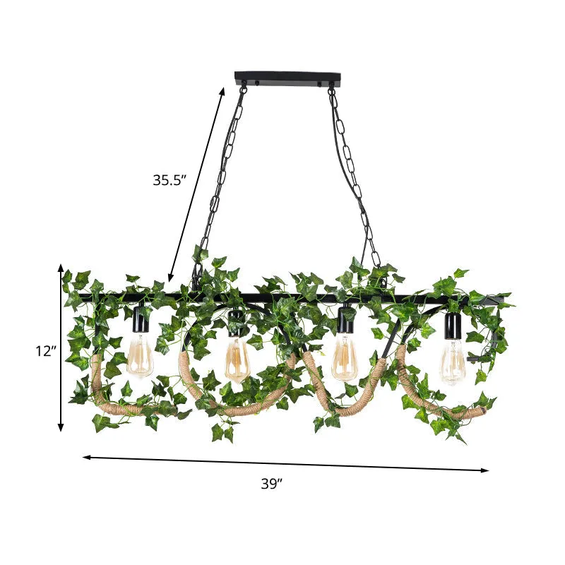 Black Metal 4-Light Linear Island Lamp with Hanging Artificial Plant - Lodge Style
