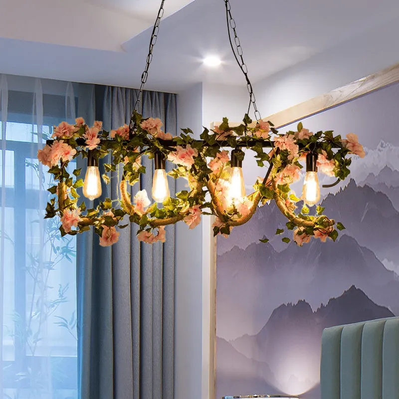 Black Metal 4-Light Linear Island Lamp with Hanging Artificial Plant - Lodge Style