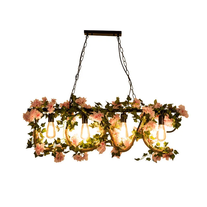 Black Metal 4-Light Linear Island Lamp with Hanging Artificial Plant - Lodge Style
