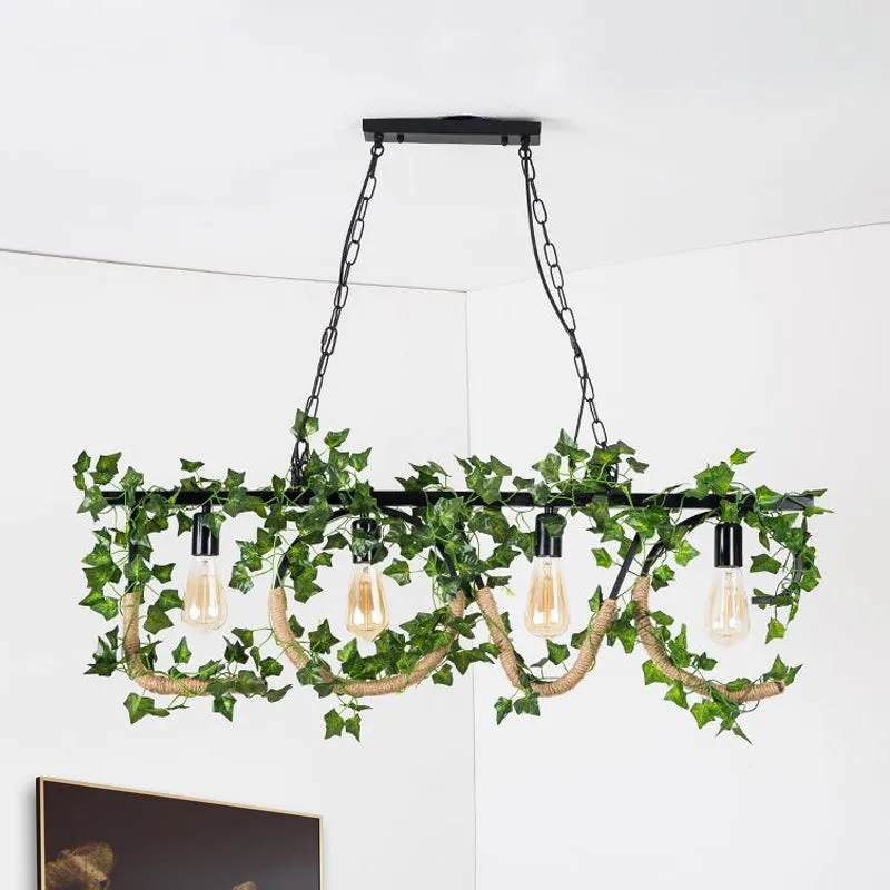 Black Metal 4-Light Linear Island Lamp with Hanging Artificial Plant - Lodge Style