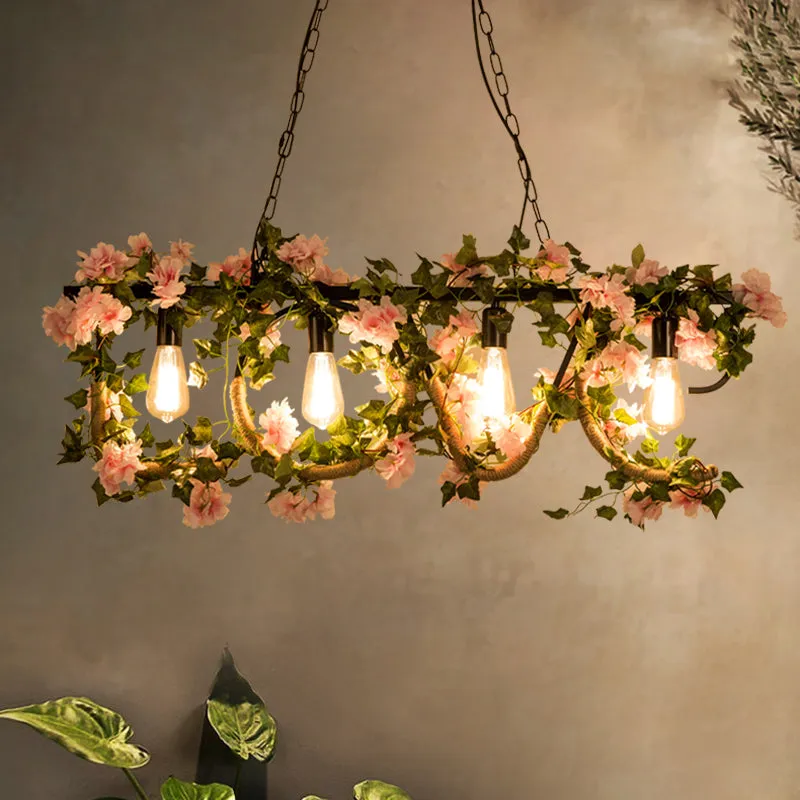Black Metal 4-Light Linear Island Lamp with Hanging Artificial Plant - Lodge Style