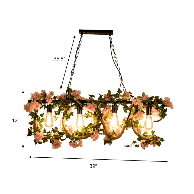 Black Metal 4-Light Linear Island Lamp with Hanging Artificial Plant - Lodge Style