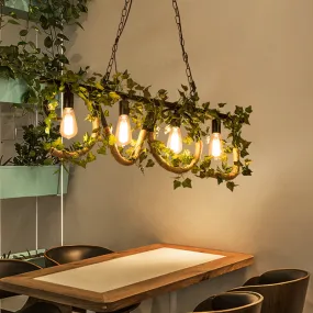 Black Metal 4-Light Linear Island Lamp with Hanging Artificial Plant - Lodge Style