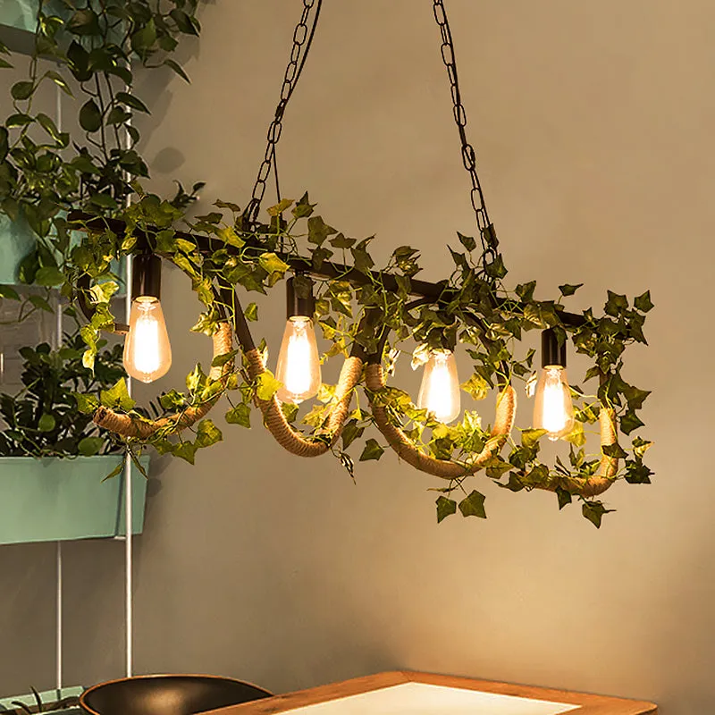 Black Metal 4-Light Linear Island Lamp with Hanging Artificial Plant - Lodge Style