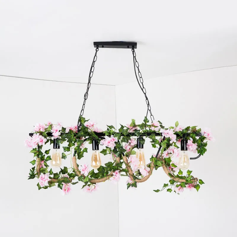Black Metal 4-Light Linear Island Lamp with Hanging Artificial Plant - Lodge Style