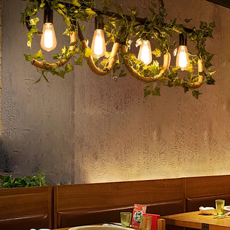 Black Metal 4-Light Linear Island Lamp with Hanging Artificial Plant - Lodge Style