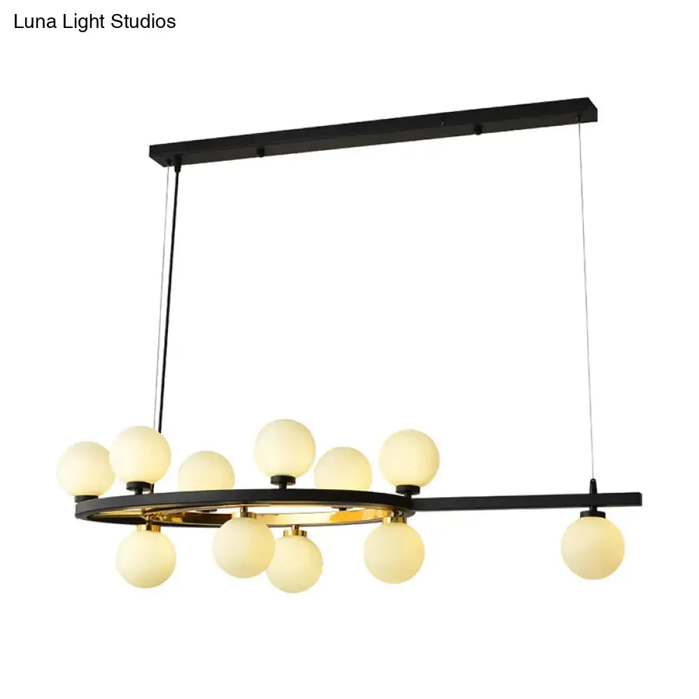 Black Oval Hanging Light Fixture - Nordic Style with 11 Metal Heads and Opal Glass Shade