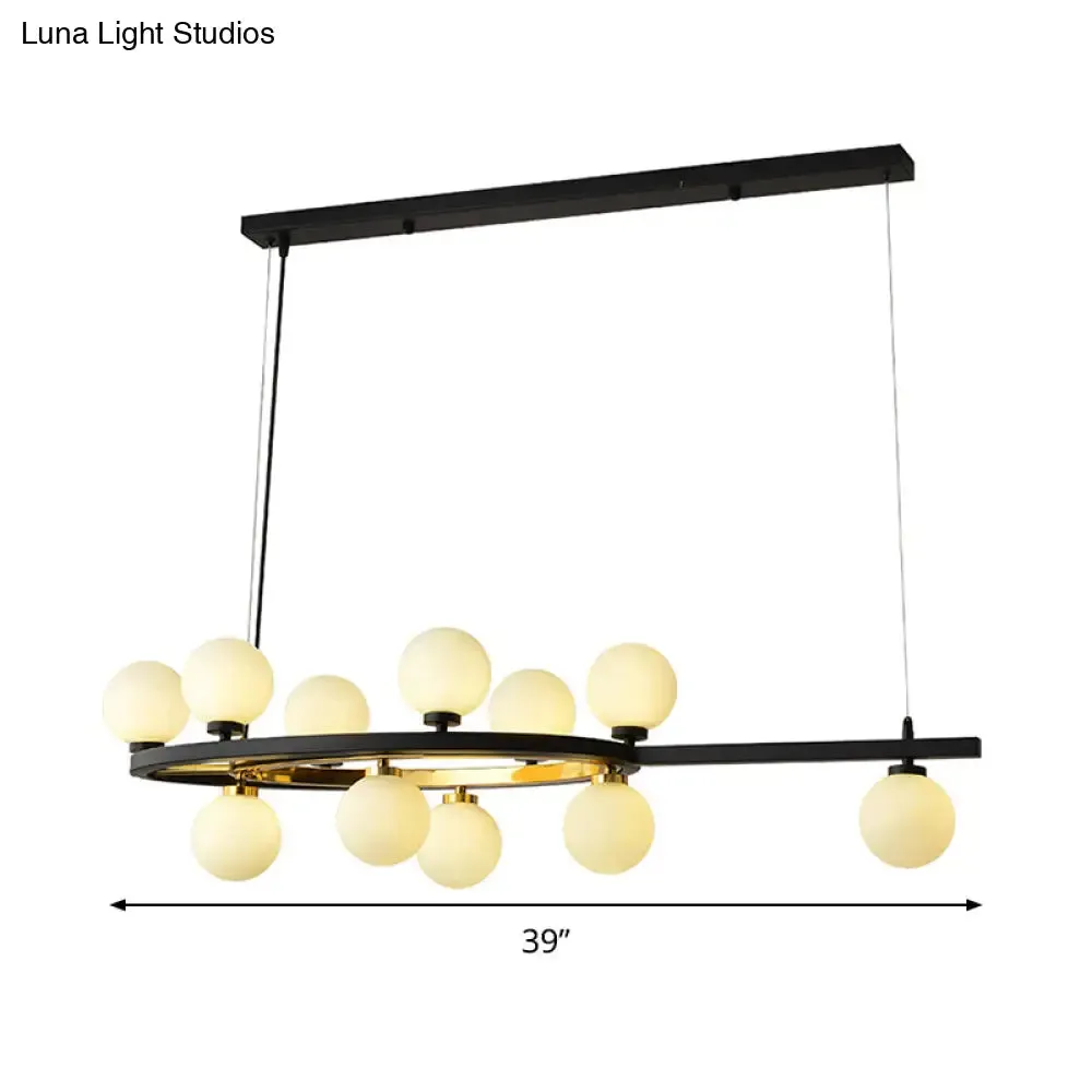 Black Oval Hanging Light Fixture - Nordic Style with 11 Metal Heads and Opal Glass Shade